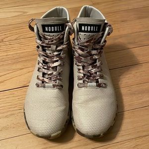 NoBull high top trainers. Sand color with camo bottoms and laces. Size W 7.5
